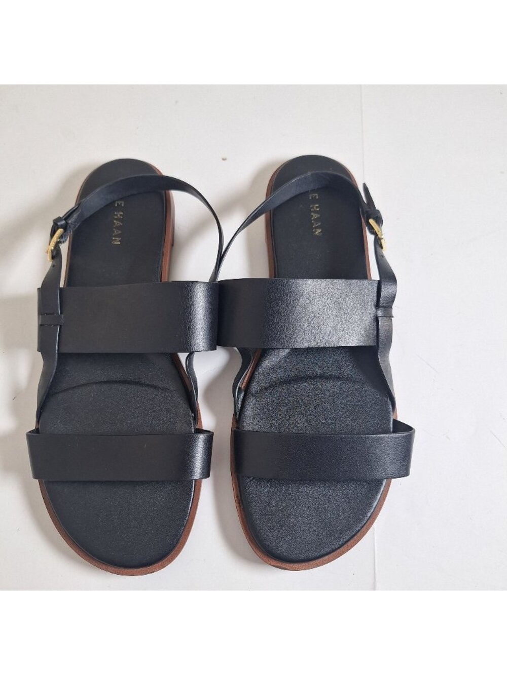 Cole Haan Black Leather Buckle Flat Open Toe Sandals size 9.5 B